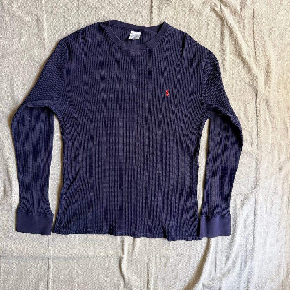 Vintage 90's Polo Ralph Lauren Shirt Mens L Navy Ribbed Thermal Long Sleeve Pony